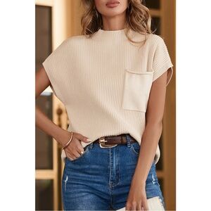 Ribbed Mock Neck Short Cap Sleeve Dolman Cream Knit Sweater